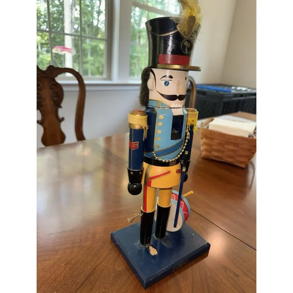Wood Hand Painted Nutcracker Soldier Figure w/ Drum Christmas Decor 2000 Flawed